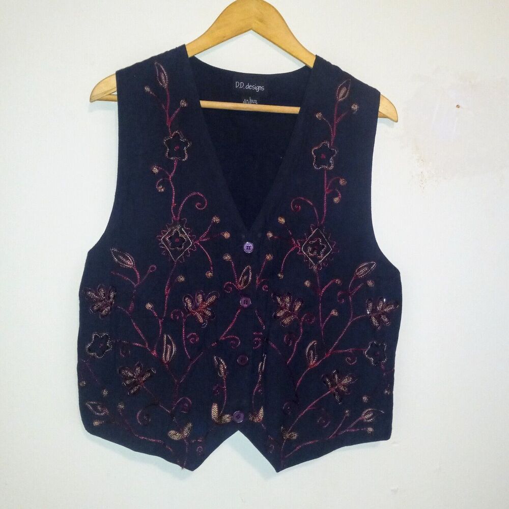 Vintage D.D. Designs Embroidered Beaded Vest-Large-Button Front-Tie Back-Navy